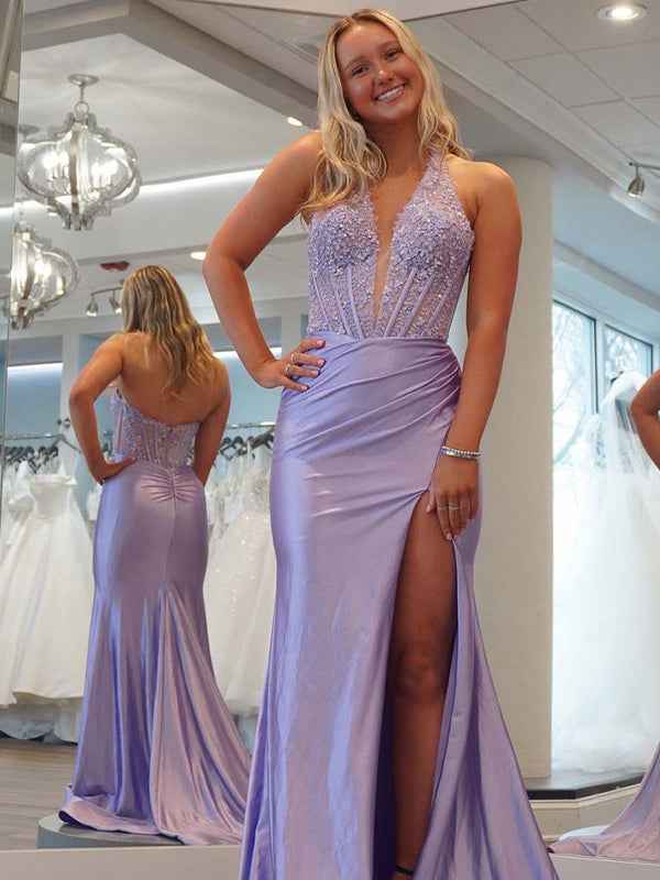 Lilac Mermaid Halter Corset Long Prom Dress with Appliques