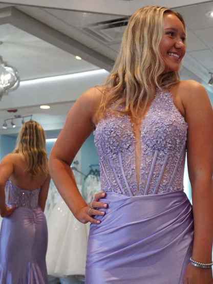 Lilac Mermaid Halter Corset Long Prom Dress with Appliques
