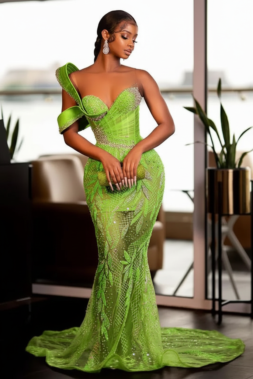 Charming One Shoulder Mermaid Prom Dress Glitter Sequins Pearl Sweetheart Evening Dress