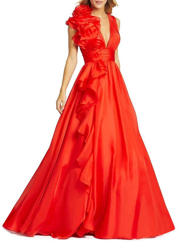 V-neck sleeveless A-line princess floor-length formal evening gown with side slit