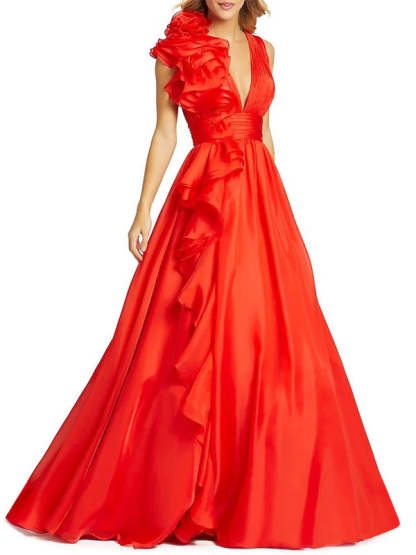 V-neck sleeveless A-line princess floor-length formal evening gown with side slit