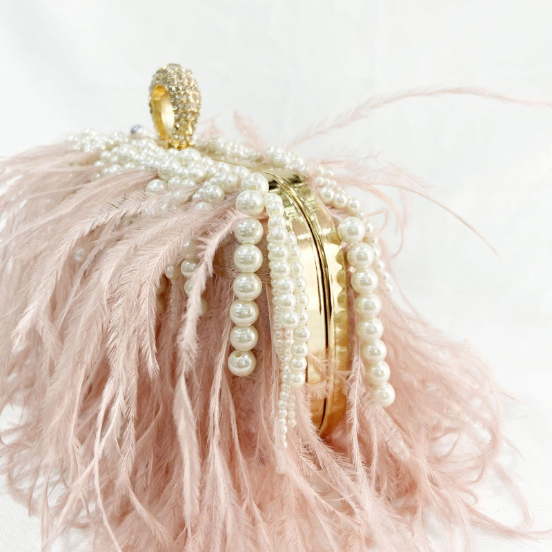 Ostrich Feather Pleated Chain Clutch Bag