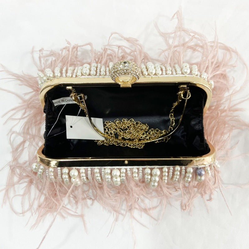 Ostrich Feather Pleated Chain Clutch Bag