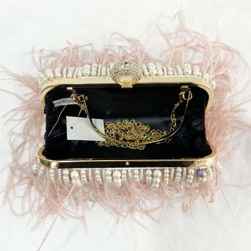 Ostrich Feather Pleated Chain Clutch Bag