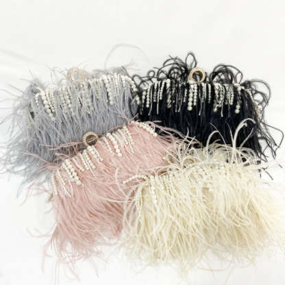 Ostrich Feather Pleated Chain Clutch Bag