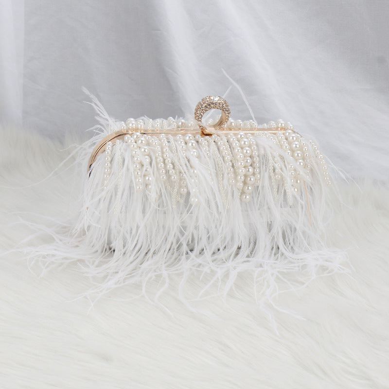 Ostrich Feather Pleated Chain Clutch Bag