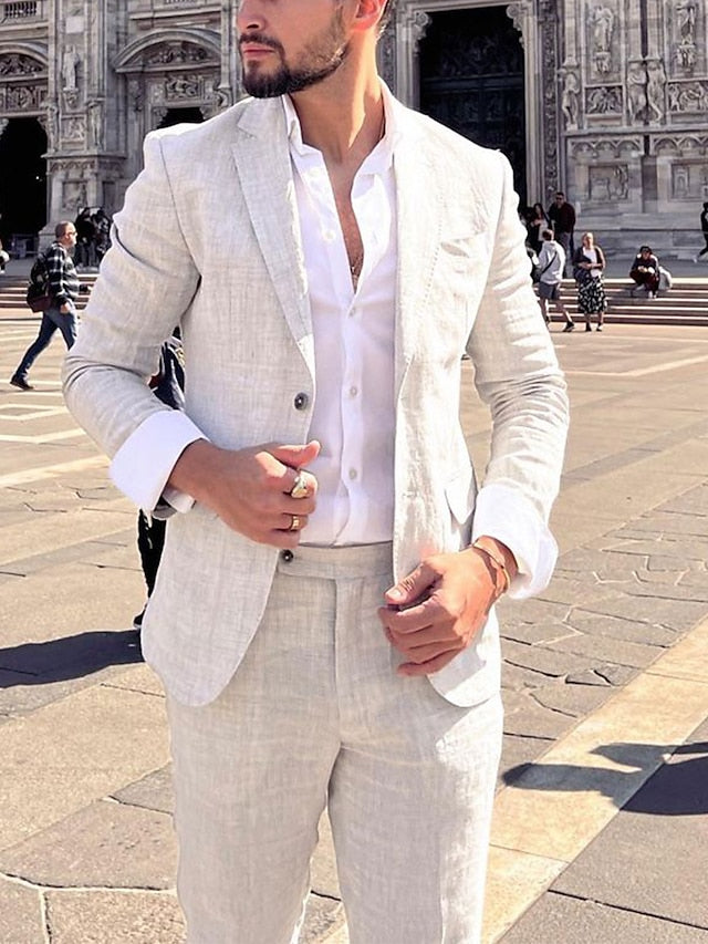 Two-Piece Solid Colored Linen Suits For Men Tailored Fit With Single Breasted Two-Button Design