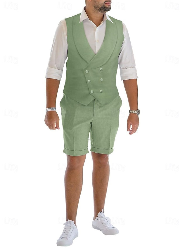 Double Breasted Six-Button Linen Suit For Men Tailored Fit 2-Piece