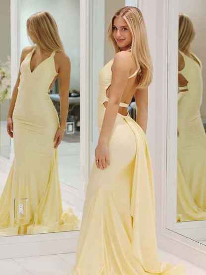 Yellow Mermaid Unique Open Back Long Prom Dress