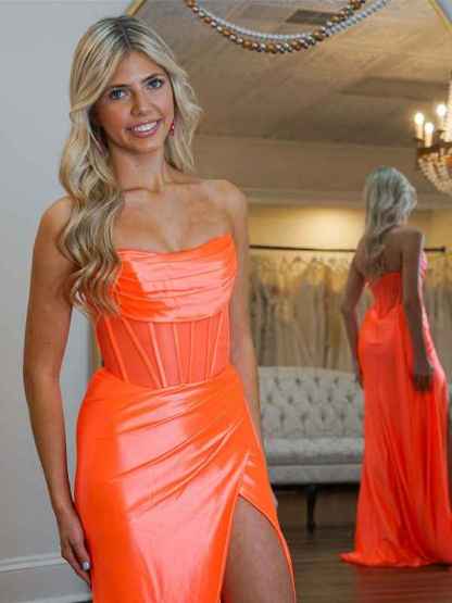 Orange Mermaid Strapless Sheer Bodice Long Prom Dress with High Slit