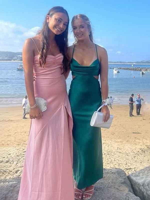 Yellow A Line Spaghetti Straps Silk Long Prom Dress with Slit