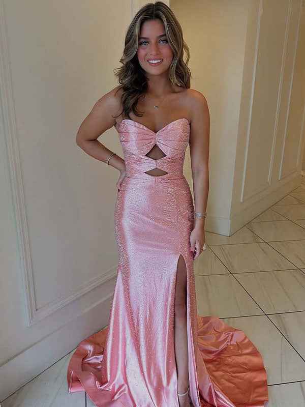 Hot Pink Mermaid Strapless Long Prom Dress with Beads