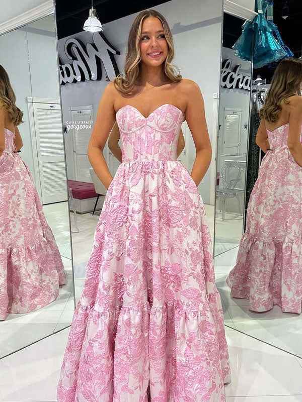 Pink A Line Sweetheart Floral Strapless Long Prom Dress