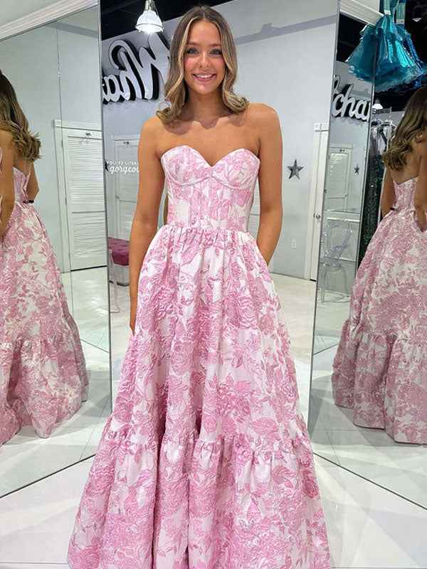Pink A Line Sweetheart Floral Strapless Long Prom Dress