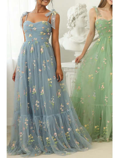 Floor-length Floral Prom Dress with Spaghetti Straps in A-Line/Princess Style