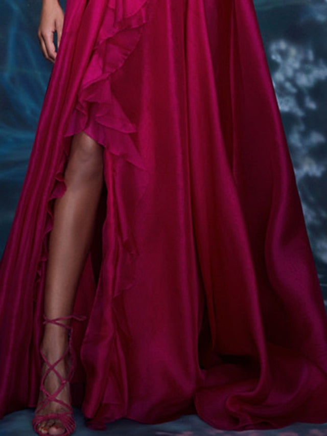 V-neck sleeveless A-line princess floor-length formal evening gown with side slit