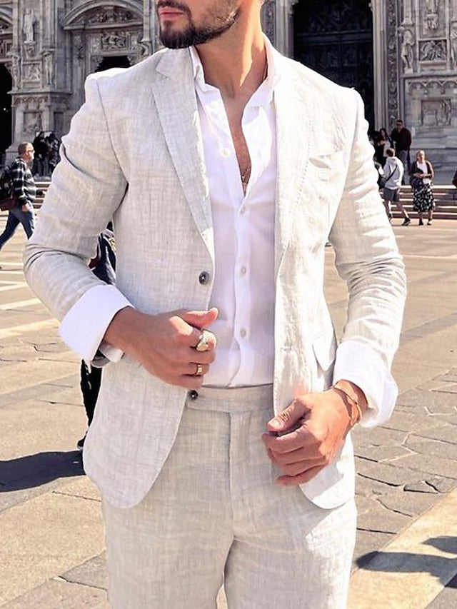 Two-Piece Solid Colored Linen Suits For Men Tailored Fit With Single Breasted Two-Button Design