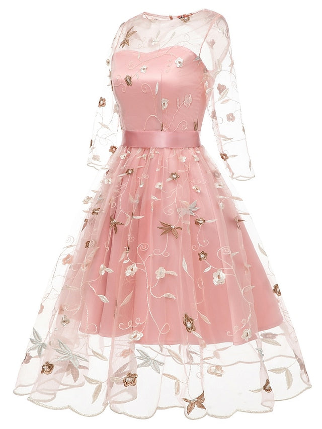 Knee-length A-line princess party dress with off-the-shoulder sleeves and embroidery appliques