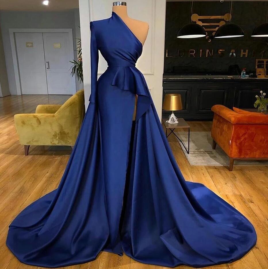 Mermaid Long Sleeve One Shoulder Dark Blue Long Prom Dress With High Split