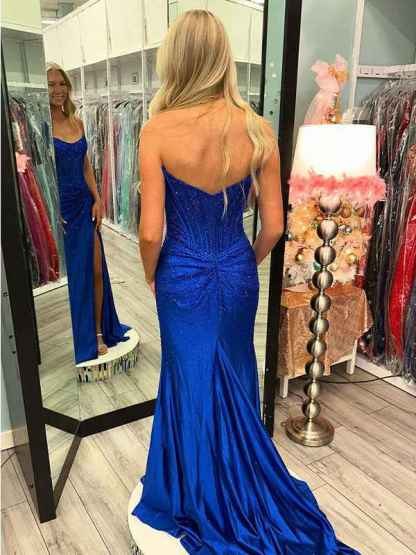 Green Mermaid Strapless Corset Beaded Prom Dress with Slit