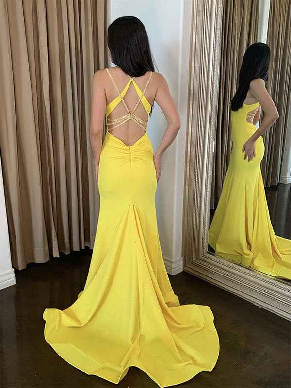 Yellow Mermaid Spaghetti Straps Satin Long Prom Dress