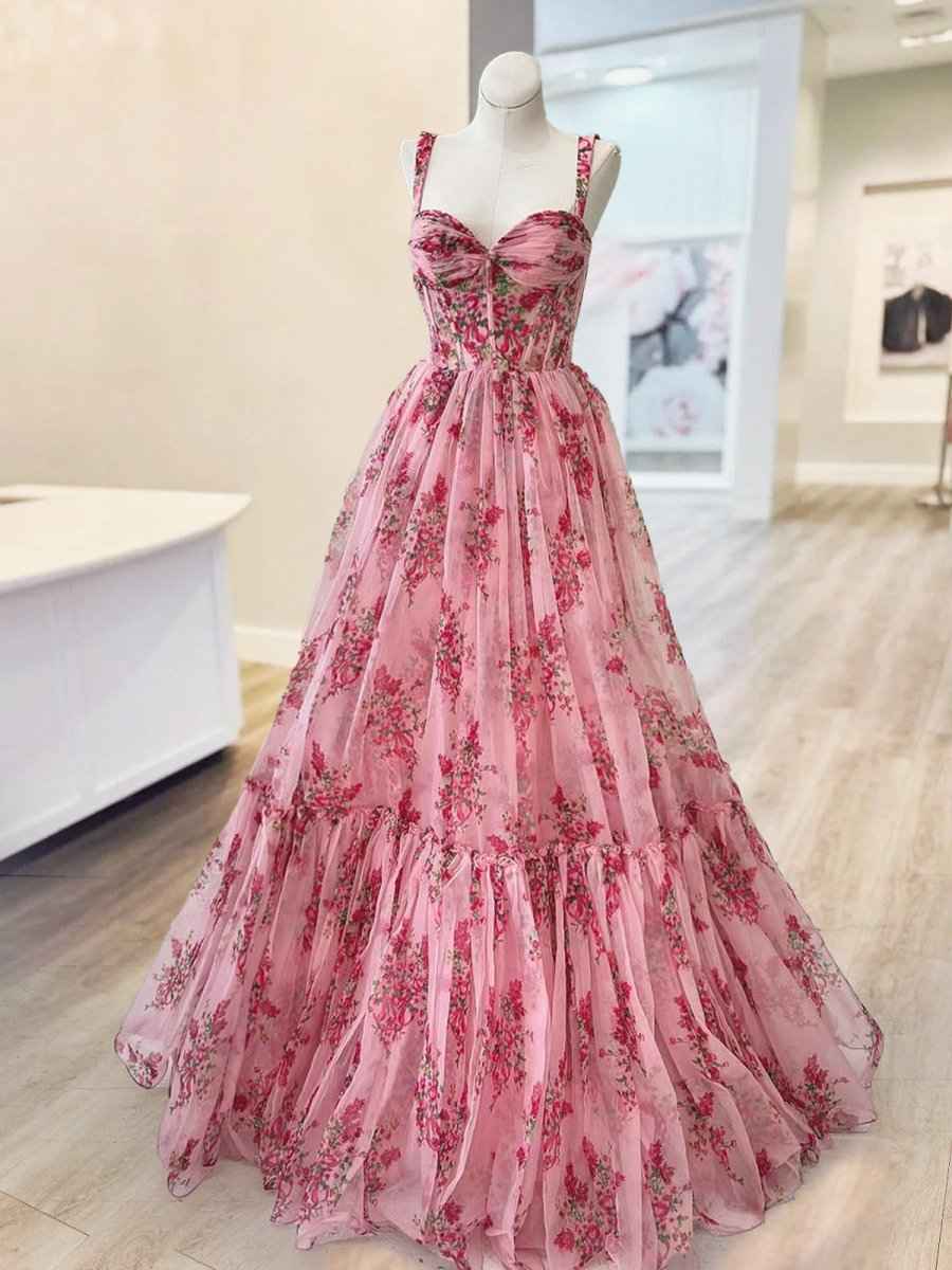Pink A Line Sweetheart Floral Printed Chiffon Long Prom Dress with Bow