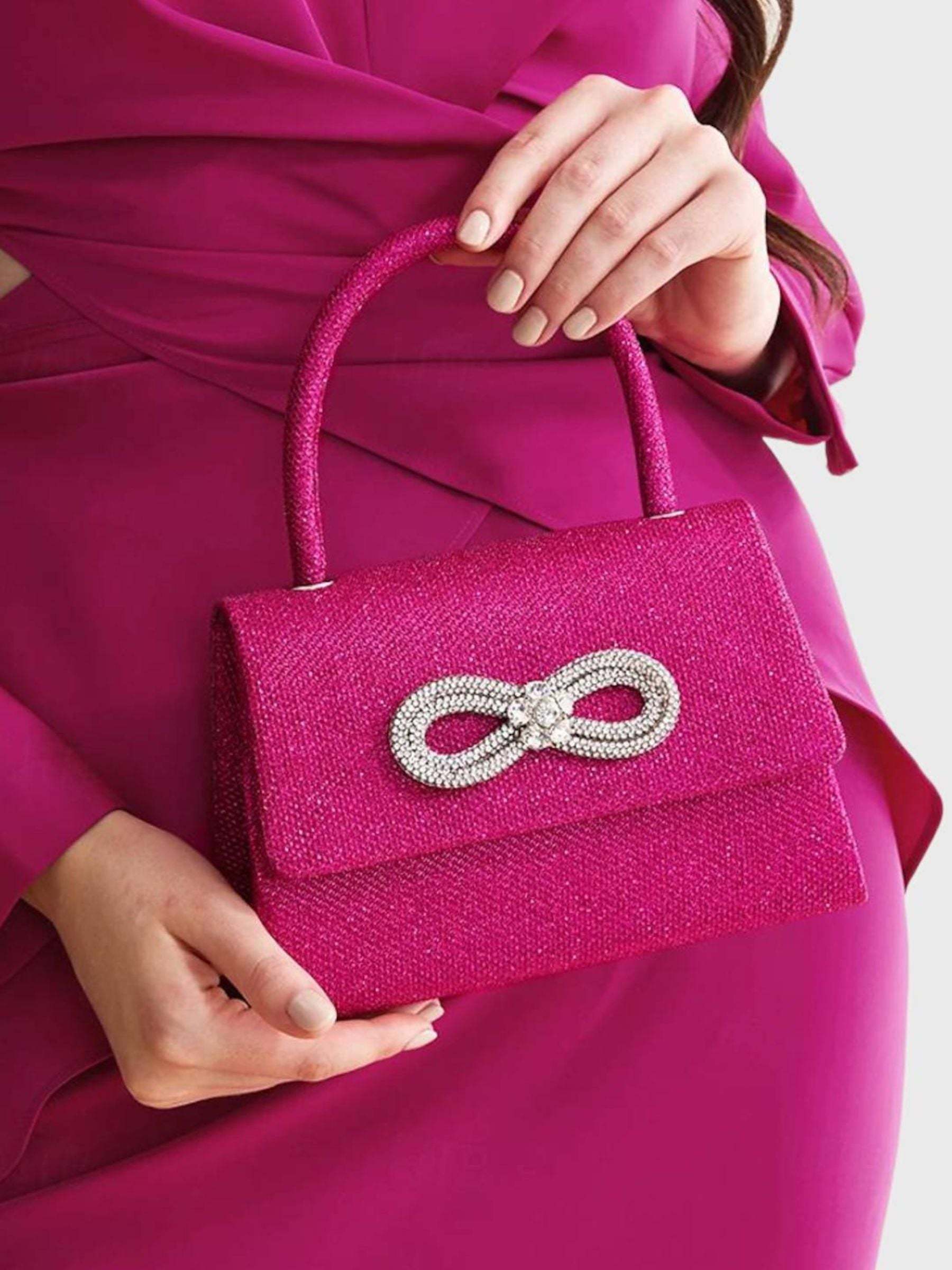 Glitter Handbag in Rose Pink Featuring a Rhinestone Bow