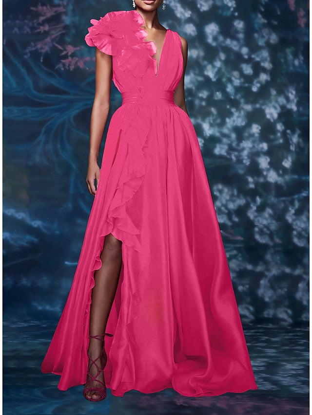 V-neck sleeveless A-line princess floor-length formal evening gown with side slit