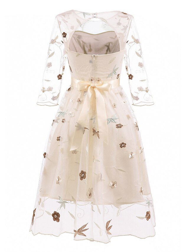 Knee-length A-line princess party dress with off-the-shoulder sleeves and embroidery appliques