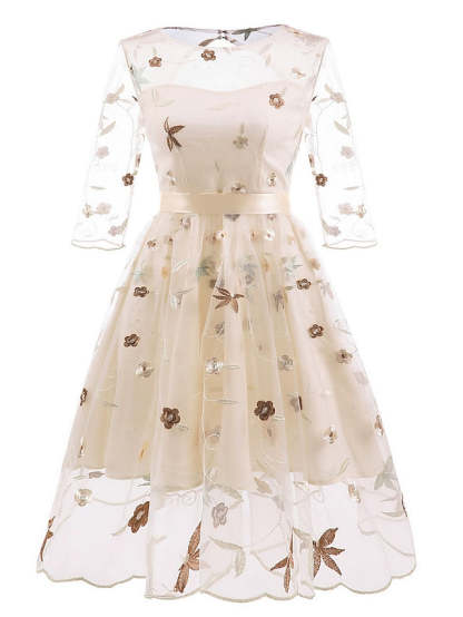 Knee-length A-line princess party dress with off-the-shoulder sleeves and embroidery appliques