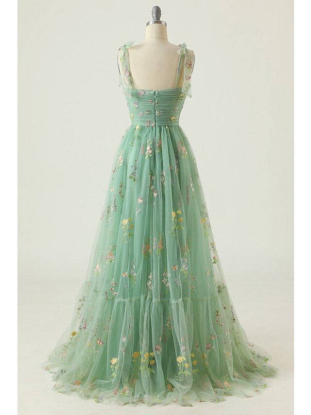 Floor-length Floral Prom Dress with Spaghetti Straps in A-Line/Princess Style