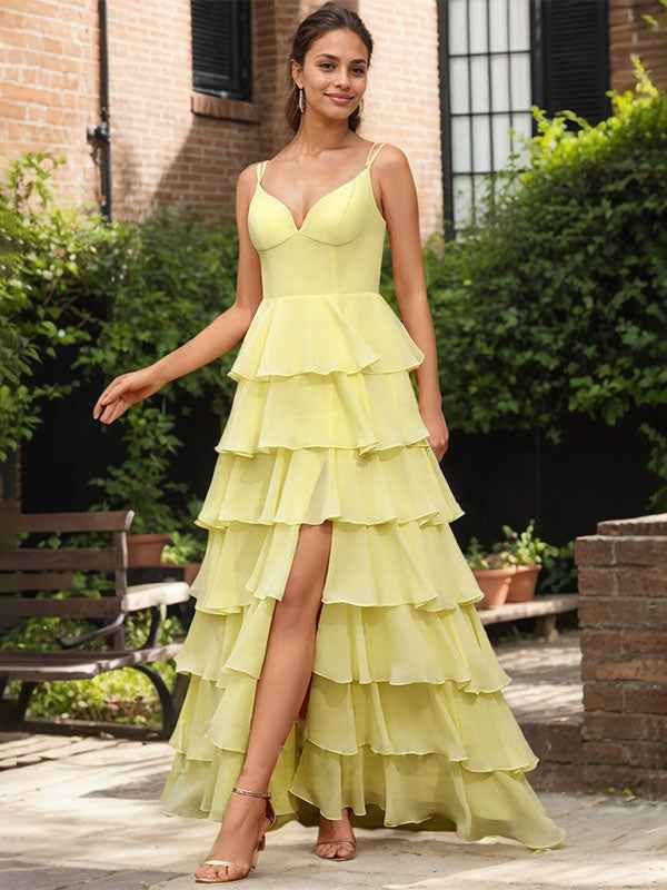 Yellow A Line V-Neck Ruffled Tiered Chiffon Prom Dress with Slit