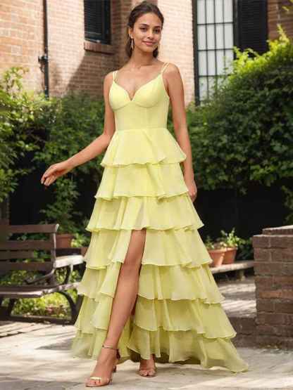 Yellow A Line V-Neck Ruffled Tiered Chiffon Prom Dress with Slit