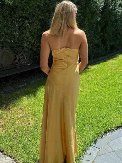 Yellow A Line Spaghetti Straps Silk Long Prom Dress with Slit