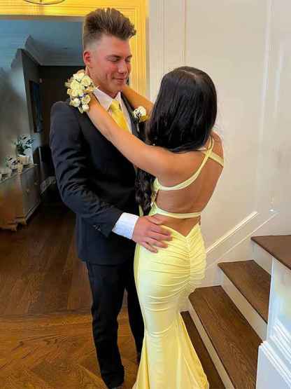 Yellow Mermaid Unique Open Back Long Prom Dress