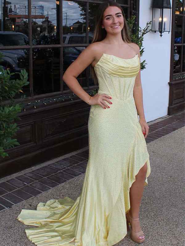 Hot Pink Mermaid Strapless Corset Bodice Long Prom Dress with Ruffle Slit