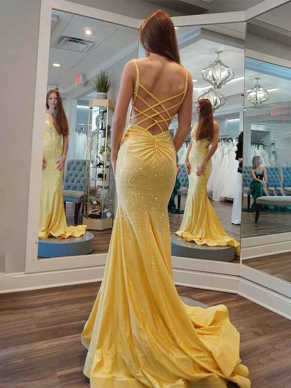 Yellow Mermaid Spaghetti Straps Open Back Beaded Long Prom Dress