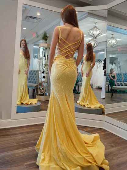 Yellow Mermaid Spaghetti Straps Open Back Beaded Long Prom Dress
