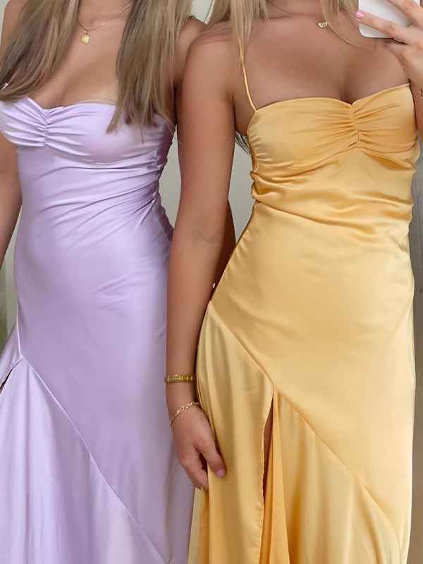 Yellow A Line Spaghetti Straps Silk Long Prom Dress with Slit