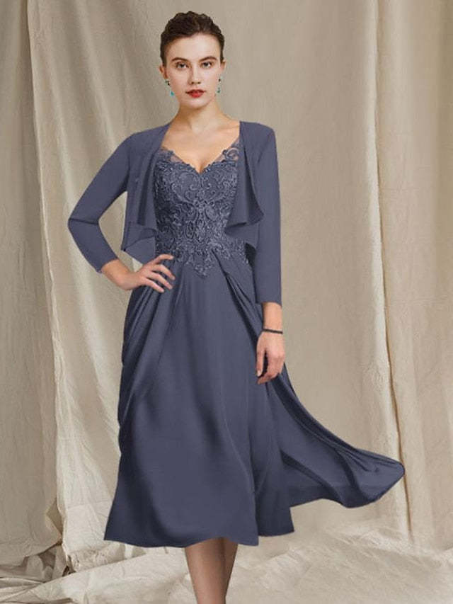 V-Neck A-Line Princess Tea-Length Dresses for the Mother of the Bride