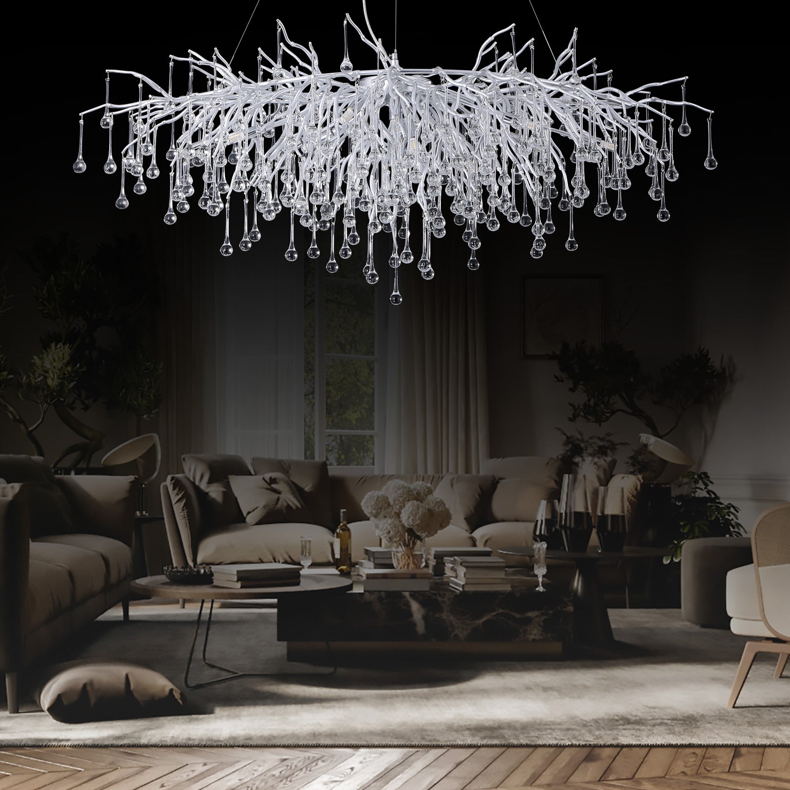 Doris Rectangle Branch Chandelier 45"L Silver-Vancei