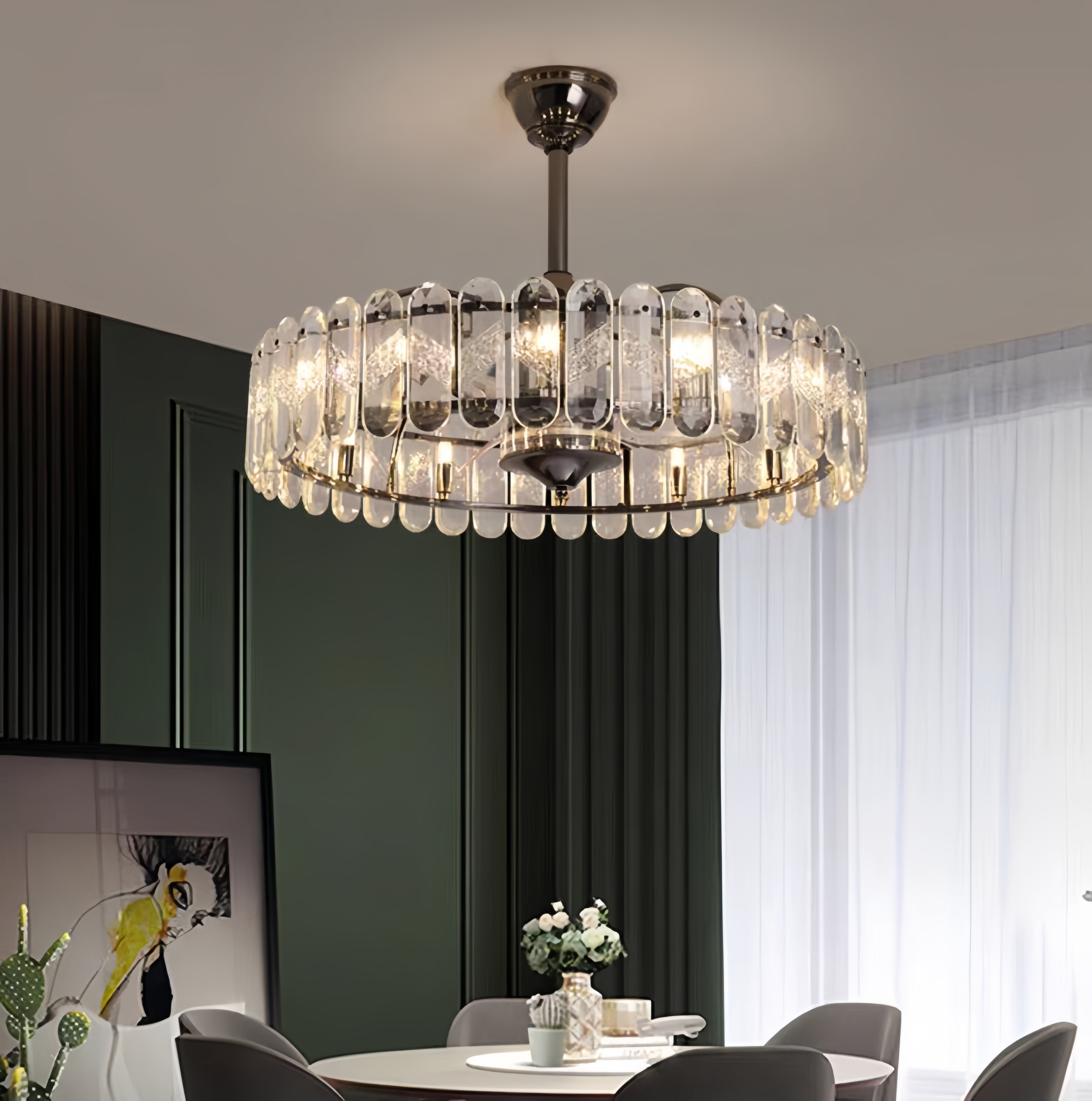 New Modern Invisible Fan Light Candle Crystal Chandelier for Living/Dining Room/Bedroom-Vancei