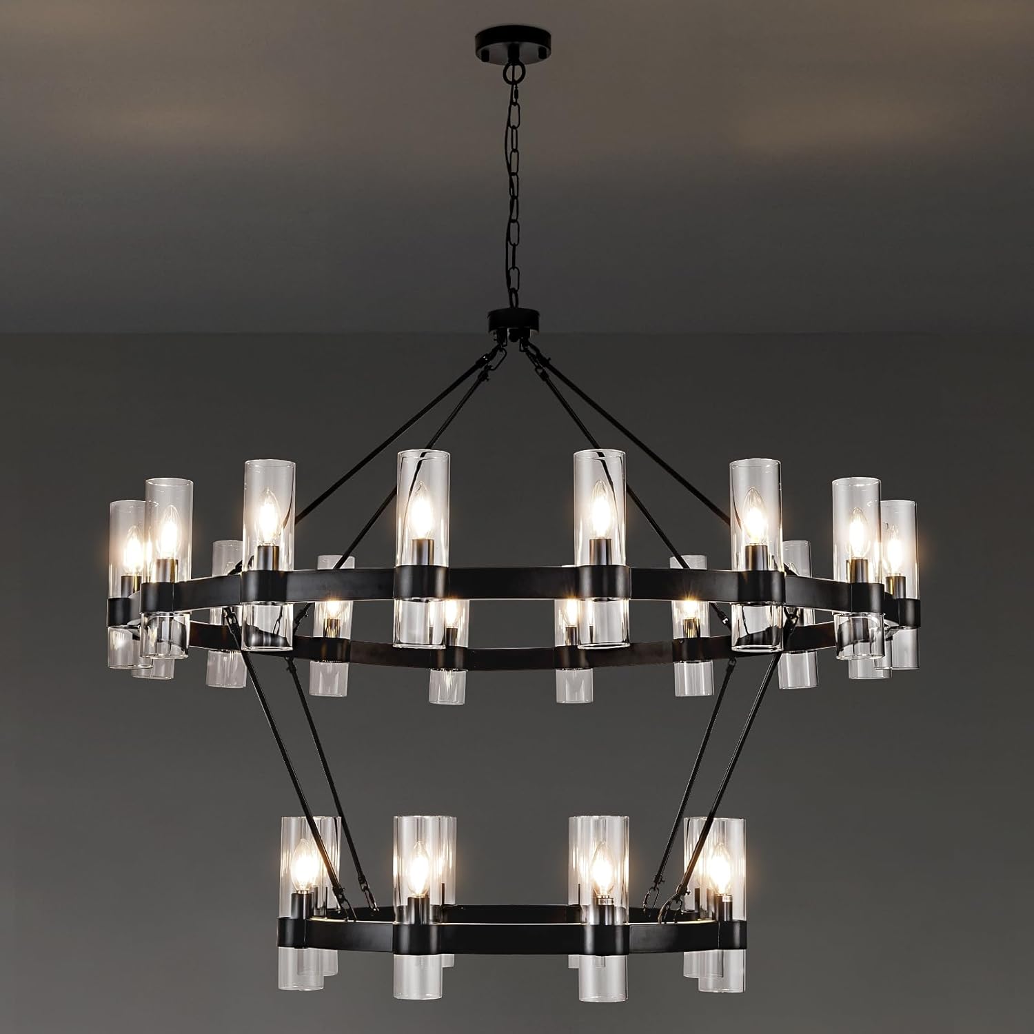 Modern Glass Round 2 Tier Chandelier 48”D
