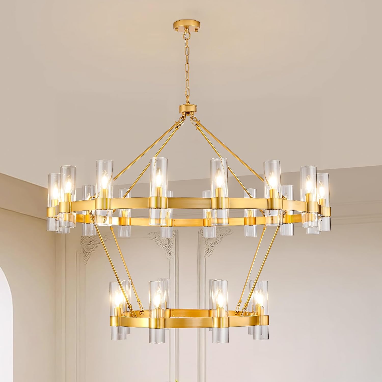 Modern Glass Round 2 Tier Chandelier 48”D