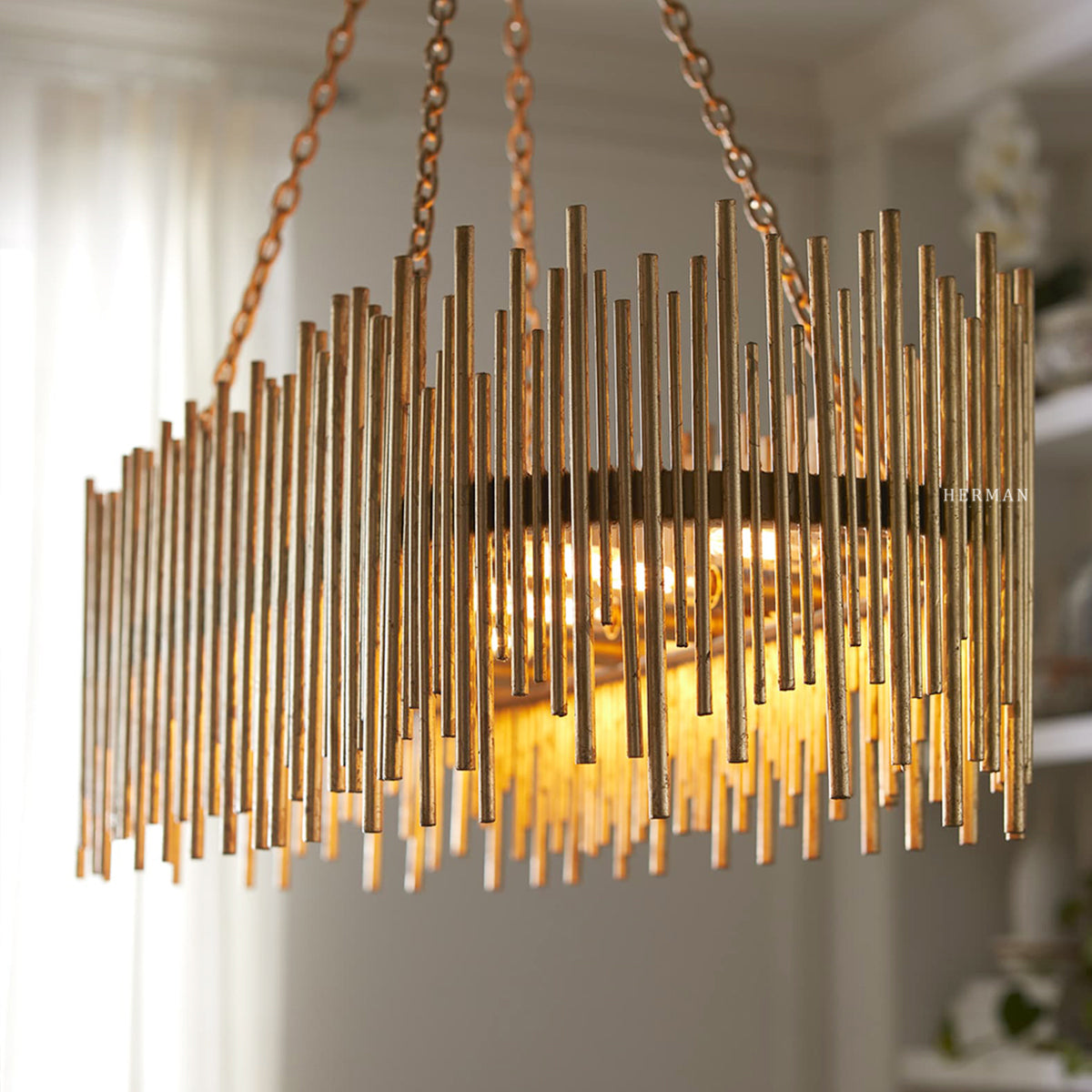 Althely Brass 10 Lights Rectangle Pendant Chandelier