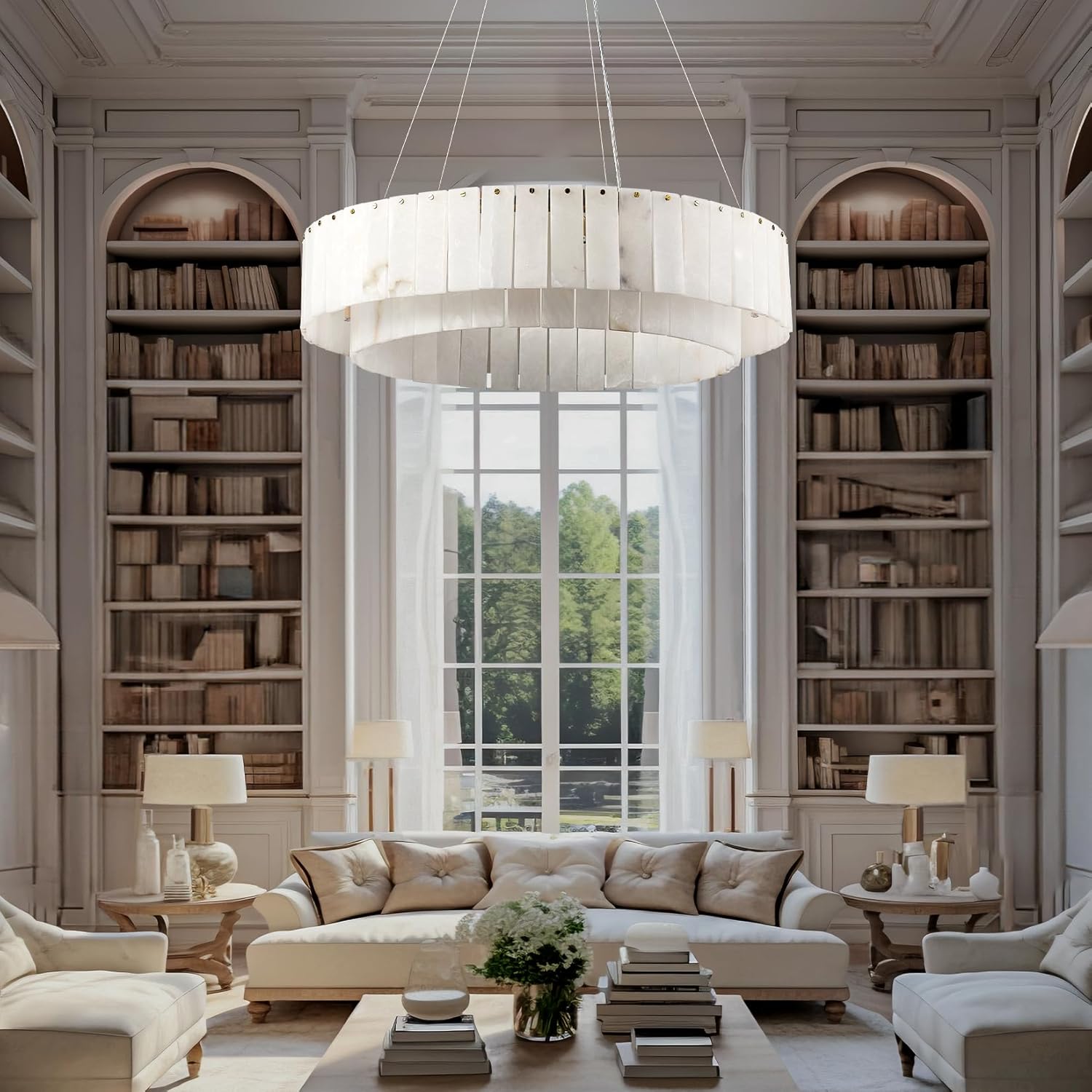 Modern Spanish Alabaster Round Chandelier