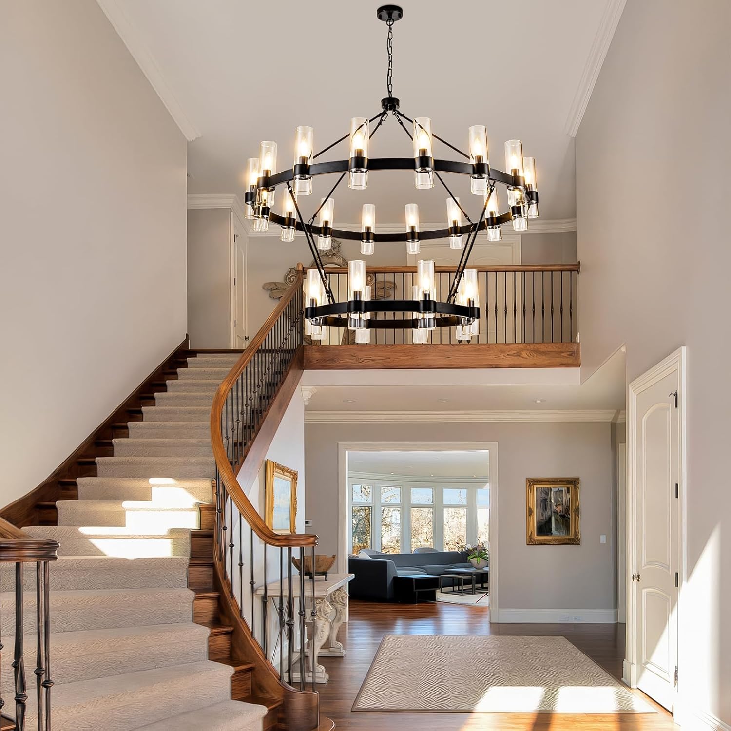 Modern Glass Round 2 Tier Chandelier 48”D