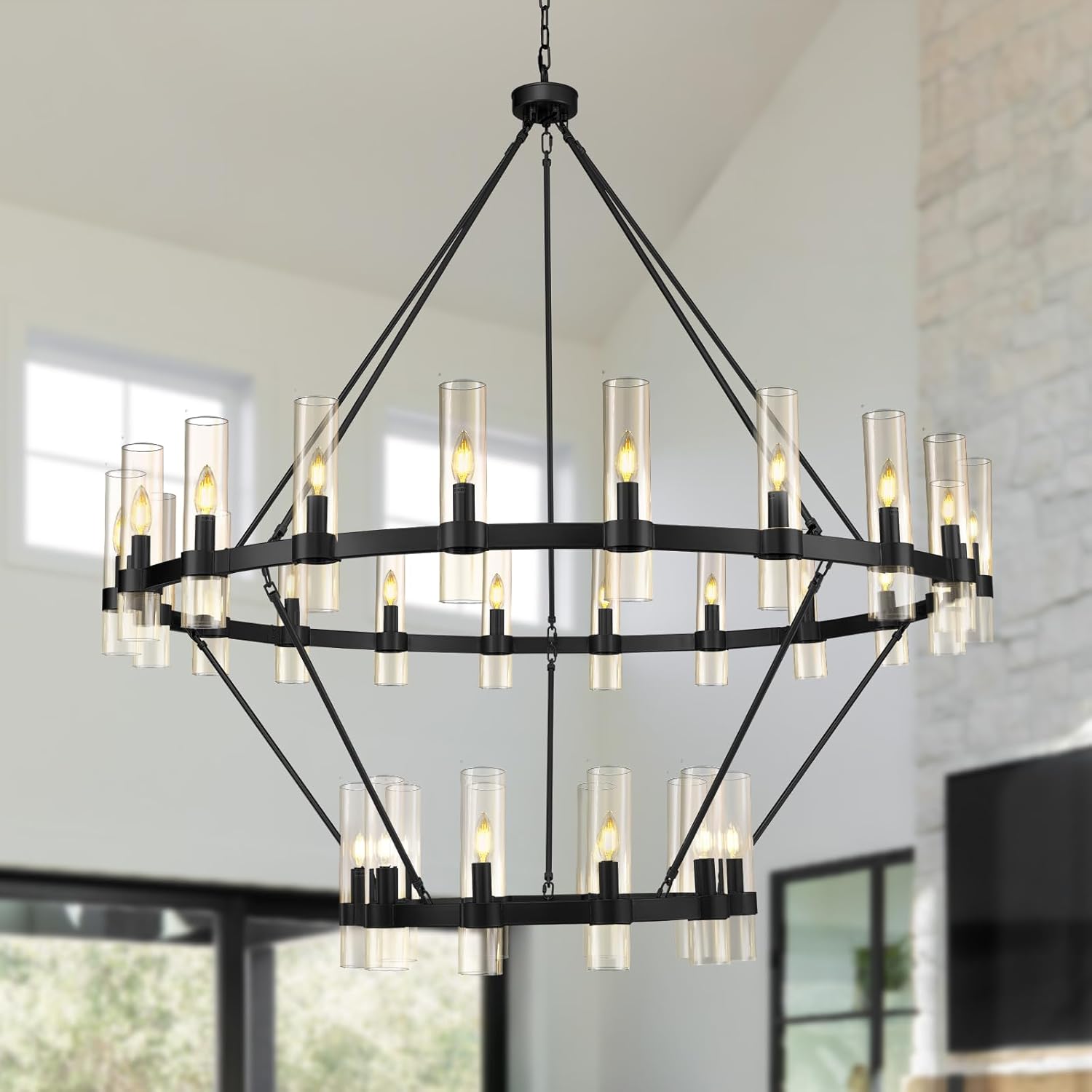 Modern Glass Round 2 Tier Chandelier 60”D