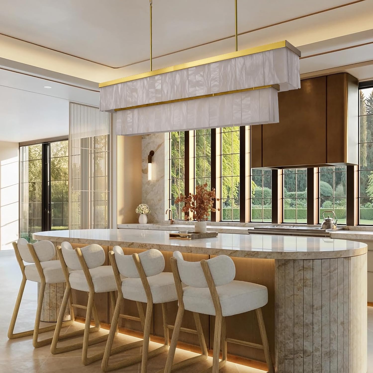 Modern Spanish Alabaster Rectangle Chandelier