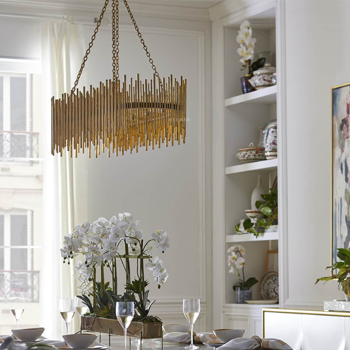 Althely Brass 10 Lights Rectangle Pendant Chandelier